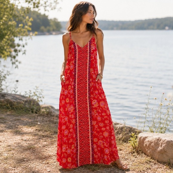 Liverpool Los Angeles Dresses & Skirts - NWT Liverpool Floral Flowy Maxi Dress Red Orange Bohemian Resort Pockets Sz L
